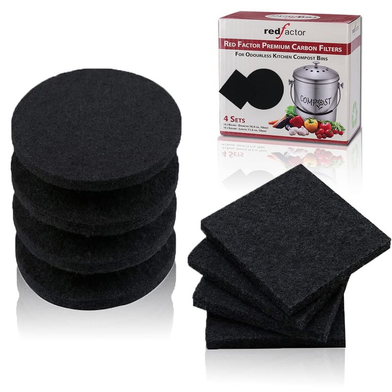 RED FACTOR 8 Pack Extra Thick Charcoal Filters for Kitchen Compost Bins - Activated Carbon Replacement Filters for Odor Free Buckets (4 Round, 4 Square) - Image 1